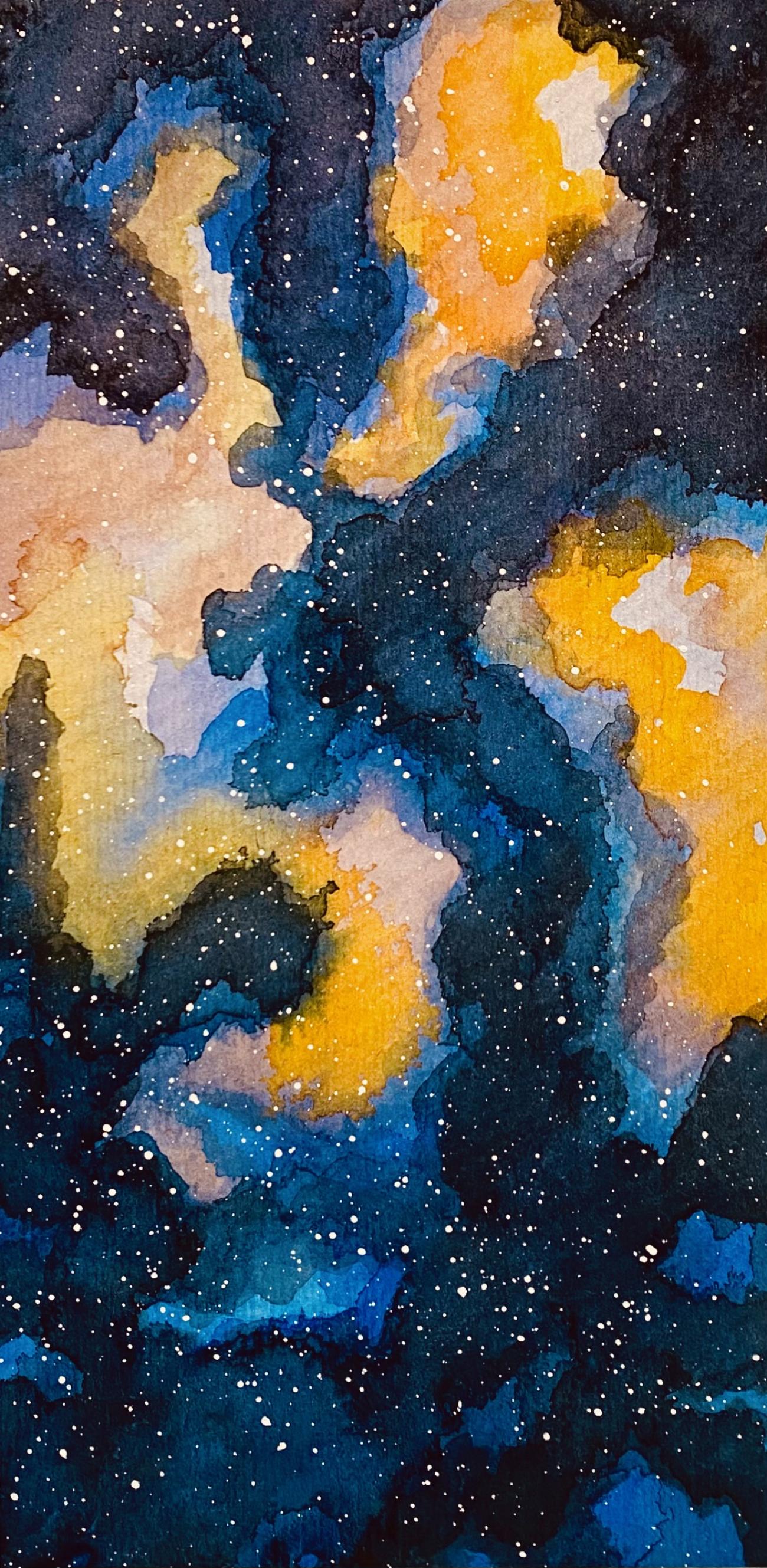 A photograph of an abstract watercolor painting of nebulae