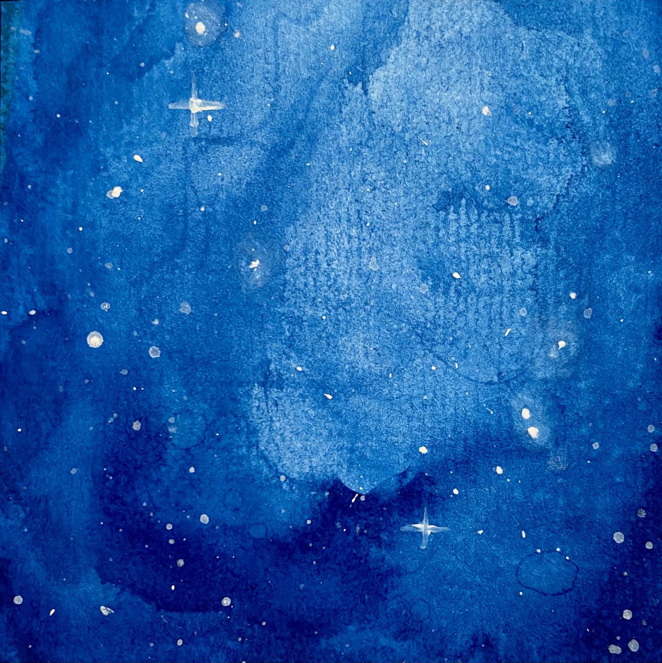 A photograph of a watercolor painting of stars as they appear through a Newtonian telescope