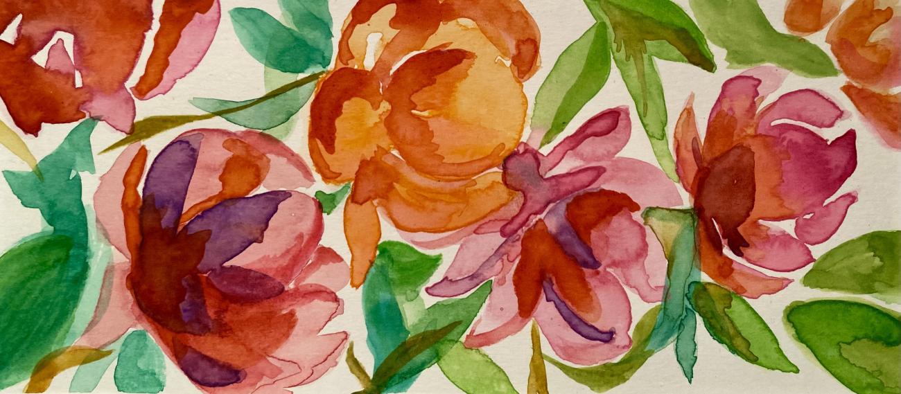 A photograph of a watercolor painting of Peonies